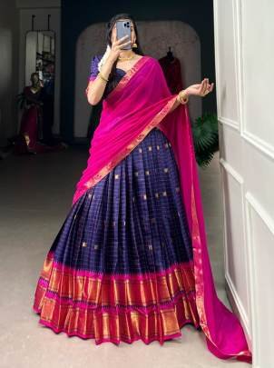 Blue and Pink Pattu Lehenga Choli with Dupatta