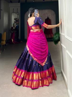 Blue and Pink Pattu Lehenga Choli with Dupatta