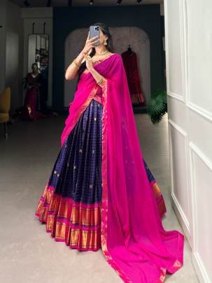 Blue and Pink Pattu Lehenga Choli with Dupatta