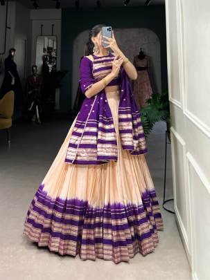 Cream & Purple Casual Lehenga Choli with Dupatta