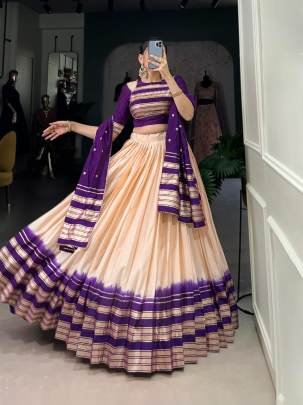Cream & Purple Casual Lehenga Choli with Dupatta