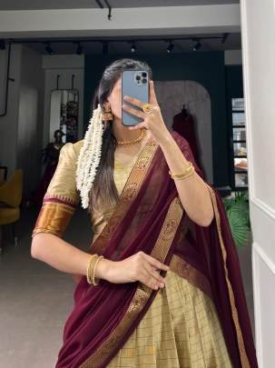 Gold and Maroon Pattu Lehenga Choli with Dupatta