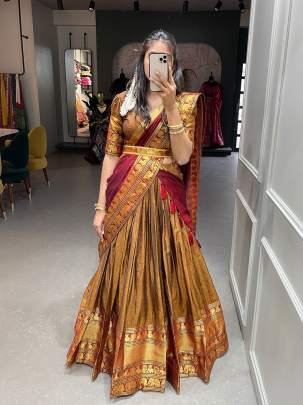 Gold and  Red Pattu Lehenga Choli with Dupatta