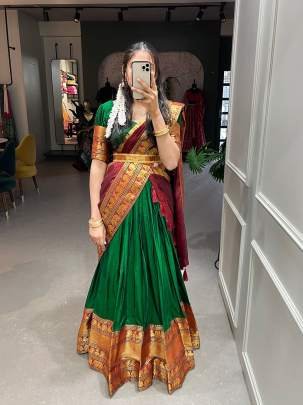 Green and Maroon Narayan pet Pattu Lehenga Choli with Dupatta