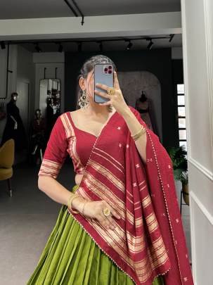 Green and  Red Casual Lehenga Choli with Dupatta