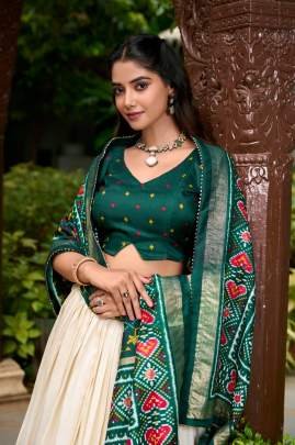 Green and White Patola Lehenga Choli with Dupatta