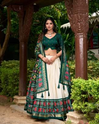 Green and White Patola Lehenga Choli with Dupatta