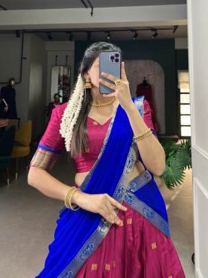 Maroon and Blue Pattu Lehenga Choli with Dupatta