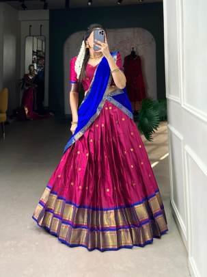 Maroon and Blue Pattu Lehenga Choli with Dupatta