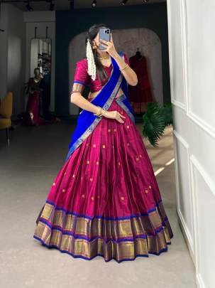Maroon and Blue Pattu Lehenga Choli with Dupatta