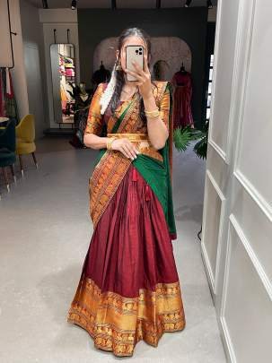Maroon and Green Pattu Lehenga Choli with Dupatta