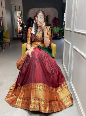Maroon and Green Pattu Lehenga Choli with Dupatta