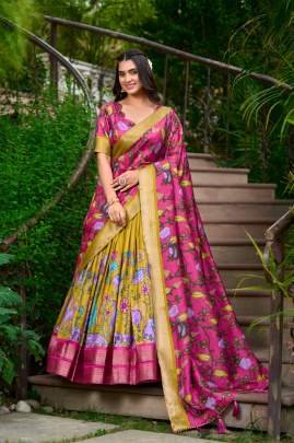 Mustard Yellow and Pink Kalamkari Lehenga Choli with Dupatta