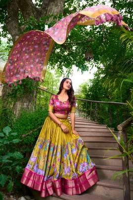 Mustard Yellow and Pink Kalamkari Lehenga Choli with Dupatta