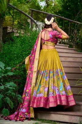 Mustard Yellow and Pink Kalamkari Lehenga Choli with Dupatta