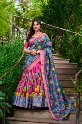 Pink and Blue Kalamkari Lehenga Choli with Dupatta
