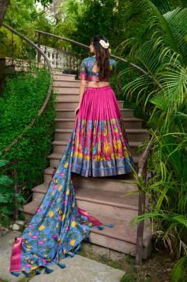 Pink and Blue Kalamkari Lehenga Choli with Dupatta