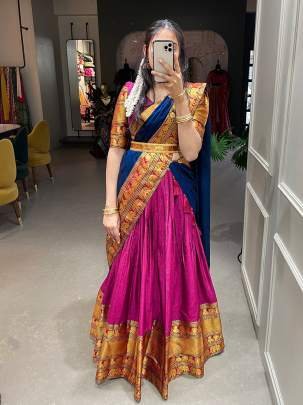 Pink and Blue Pattu Lehenga Choli with Dupatta by Kesar Kanya