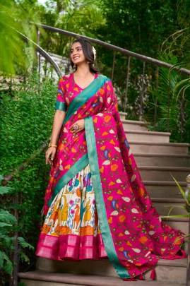 White and Red Kalamkari Lehenga Choli with Dupatta