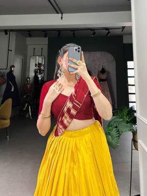 Yellow and Red Casual Lehenga Choli with Dupatta